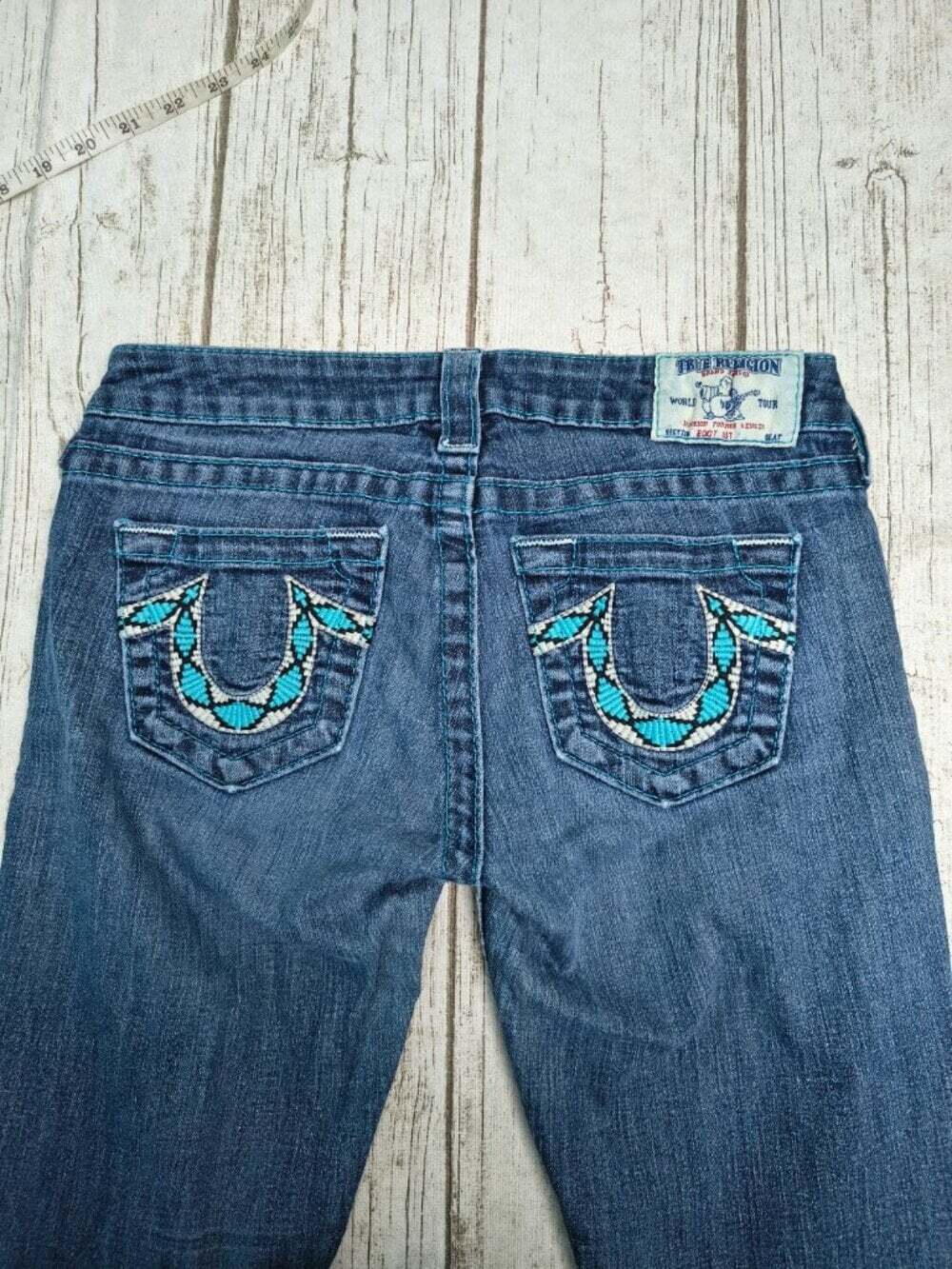 True Religion Blue Denim Jeans Turquoise Embroidered Back Pockets